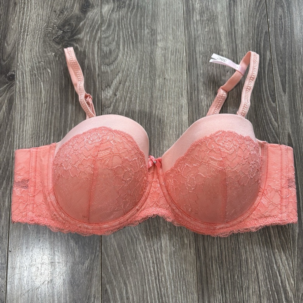 NEW La Vie en Rose My Memory Bra 38C Coral Lace Padded Longline Underwire